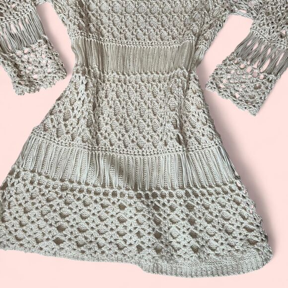 Unique See- Through Boho Cream Crochet Knit Cover-Up. M. - Picture 3 of 8